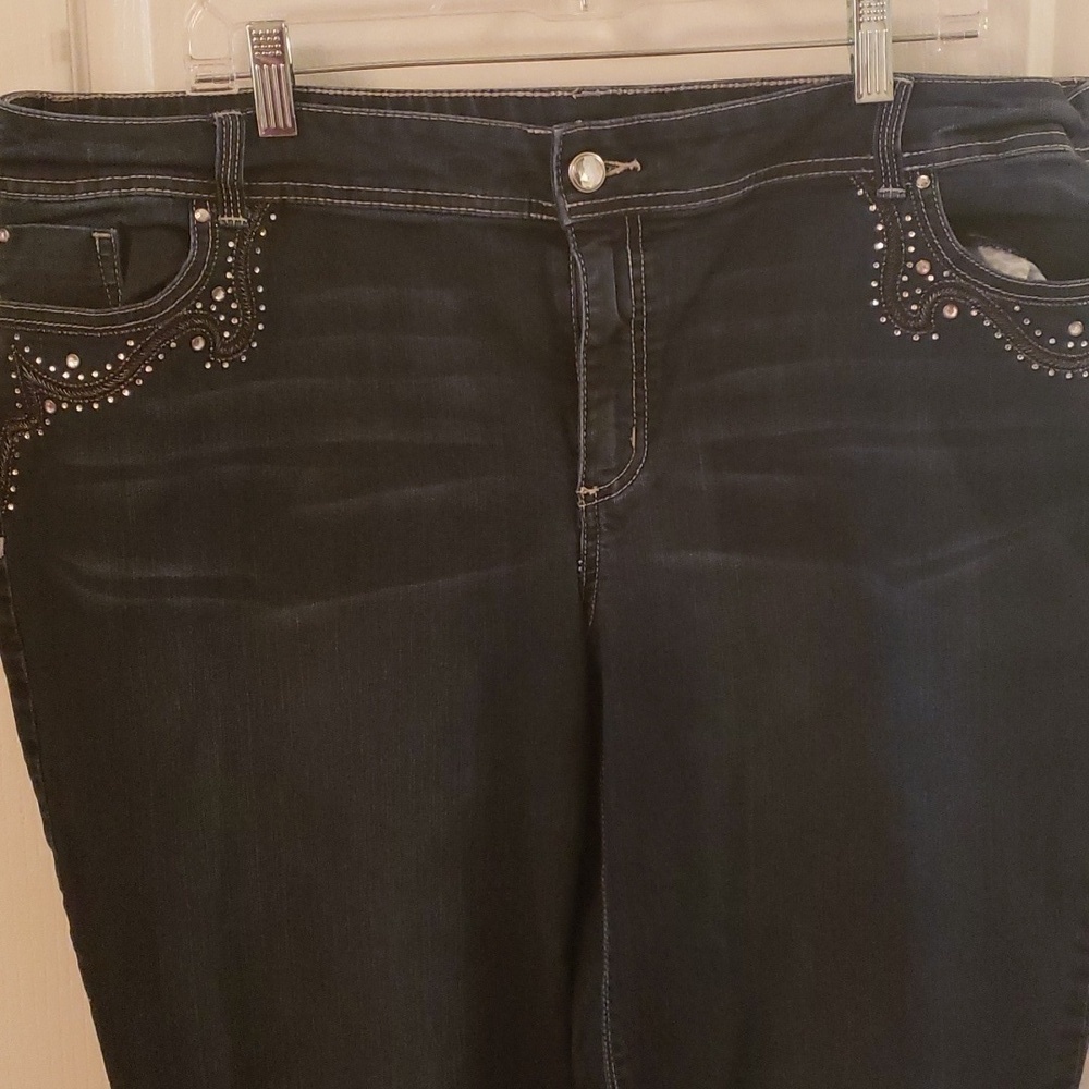 Chico's Jeans Platinum Dark denim Boot cut with Rhinstone pockets - Picture 6 of 9